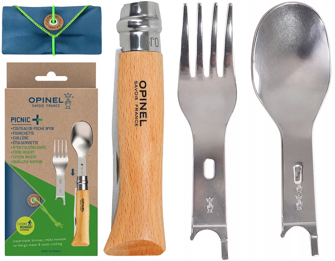 Niezbędnik Zestaw sztućców Noż Opinel Inox 8 Nomad Plus Picnic z pokrowcem