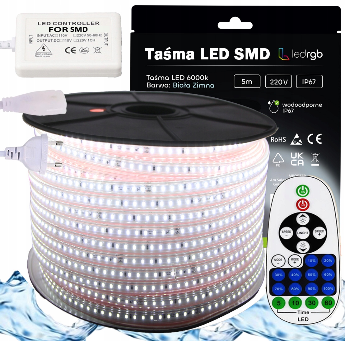 Set Led pásek Smd 230V 5 m 6000K Bílý Studený Stmívač Dálkový Ovladač Ir IP67