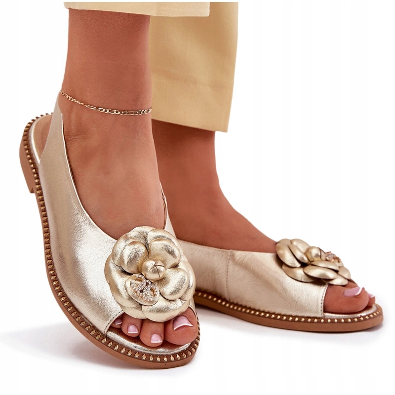 Dámské Kožené Ploché Sandály S Ozdobou, Nazouvací Chebello 4642 Zlaté 39
