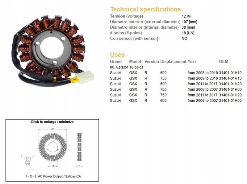 Vinutie Alternátora Stator Suzuki Gsx 600R 08-17; Gsx 750R 06-17