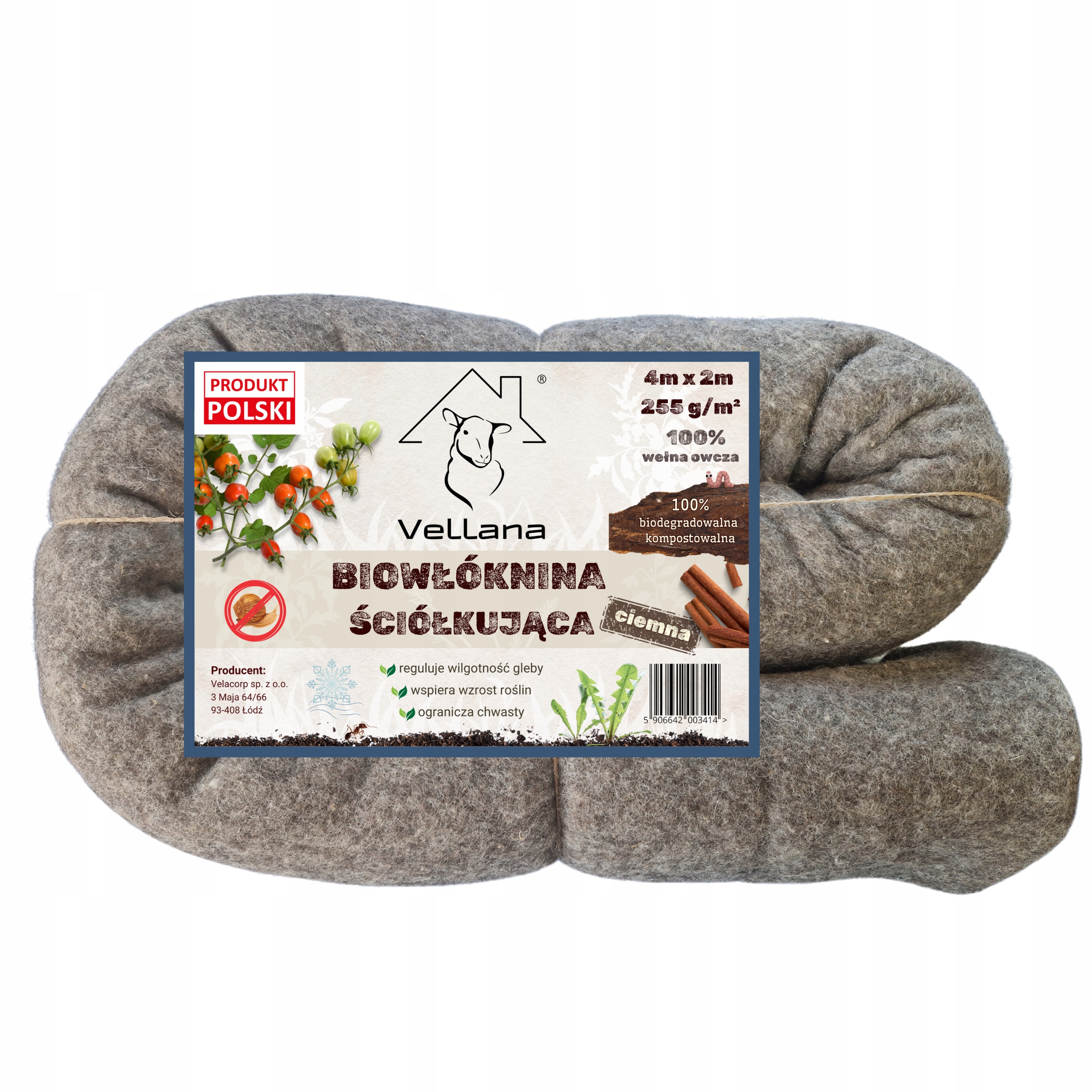 Vellana Biowłóknina Ściółkująca 4mx2m 255 g Ciemna 100% Wełna