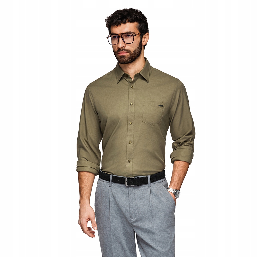 Pánská bavlněná košile s kapsou olivová, pohodlná Ombre V2 K695 vel. M