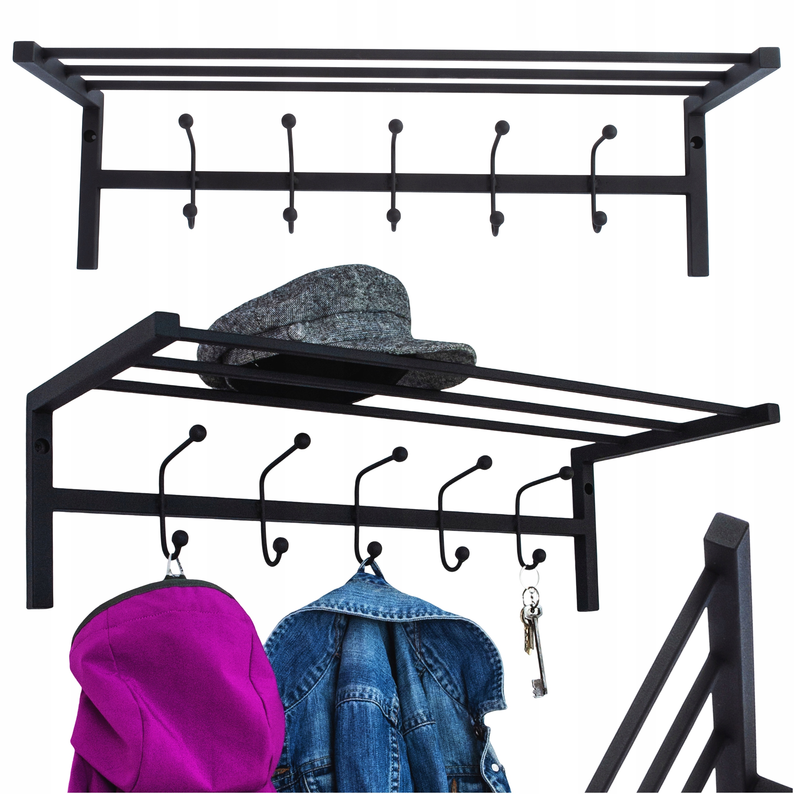 Nástěnný Věšák Do Předsíně Na Oblečení Bundy S Kovovou Policí, Černý