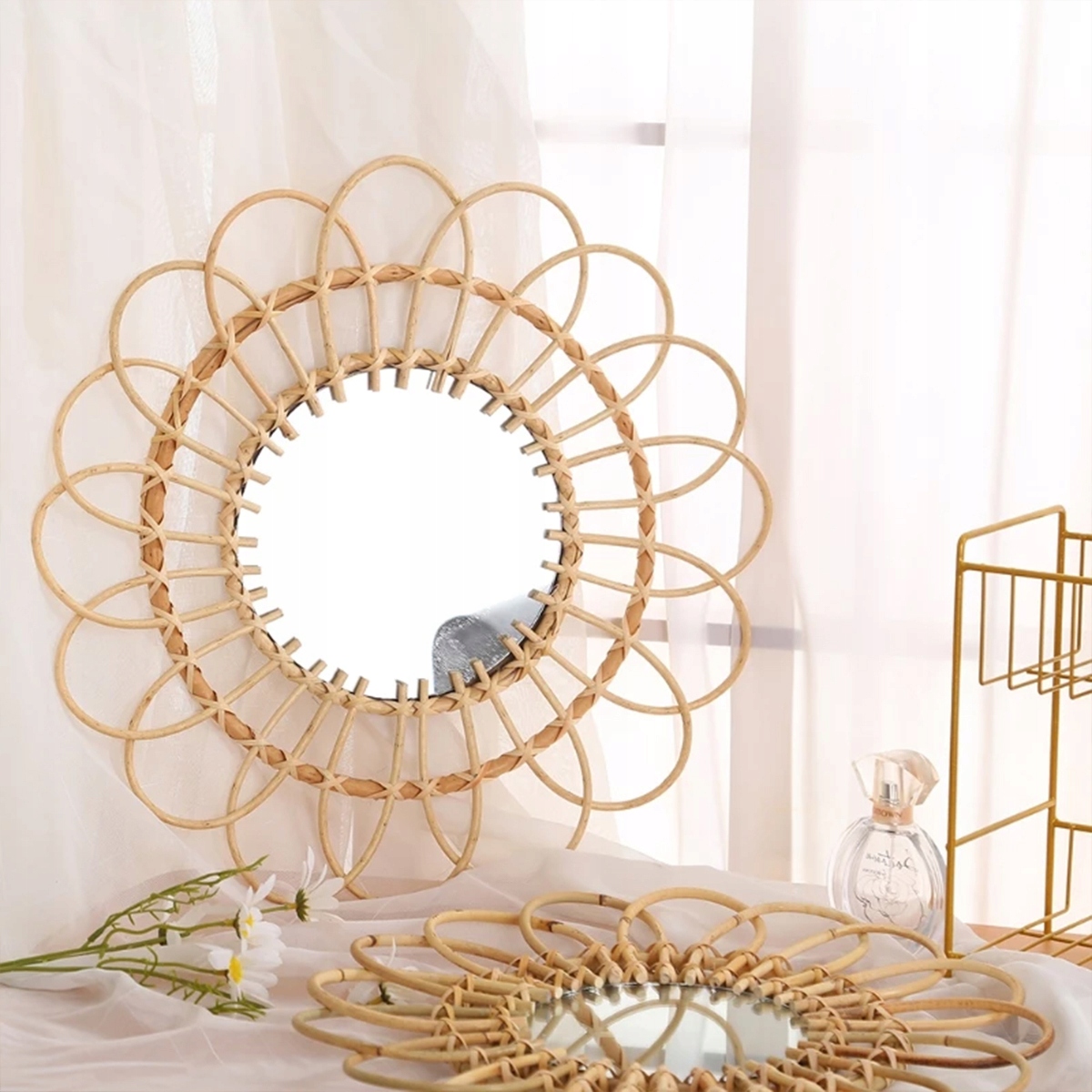 OKRĄGŁE LUSTRO BOHO BAMBUS ŚCIENNE 34 cm NATURALNE Szerokość 3400 mm