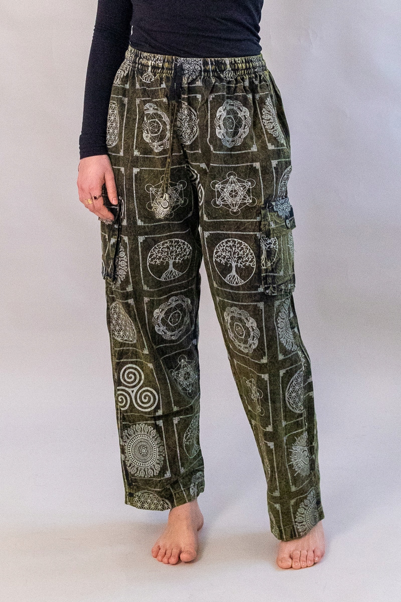 Přetíratelné volné baggy kalhoty balloon buddhistické symboly etno unisex