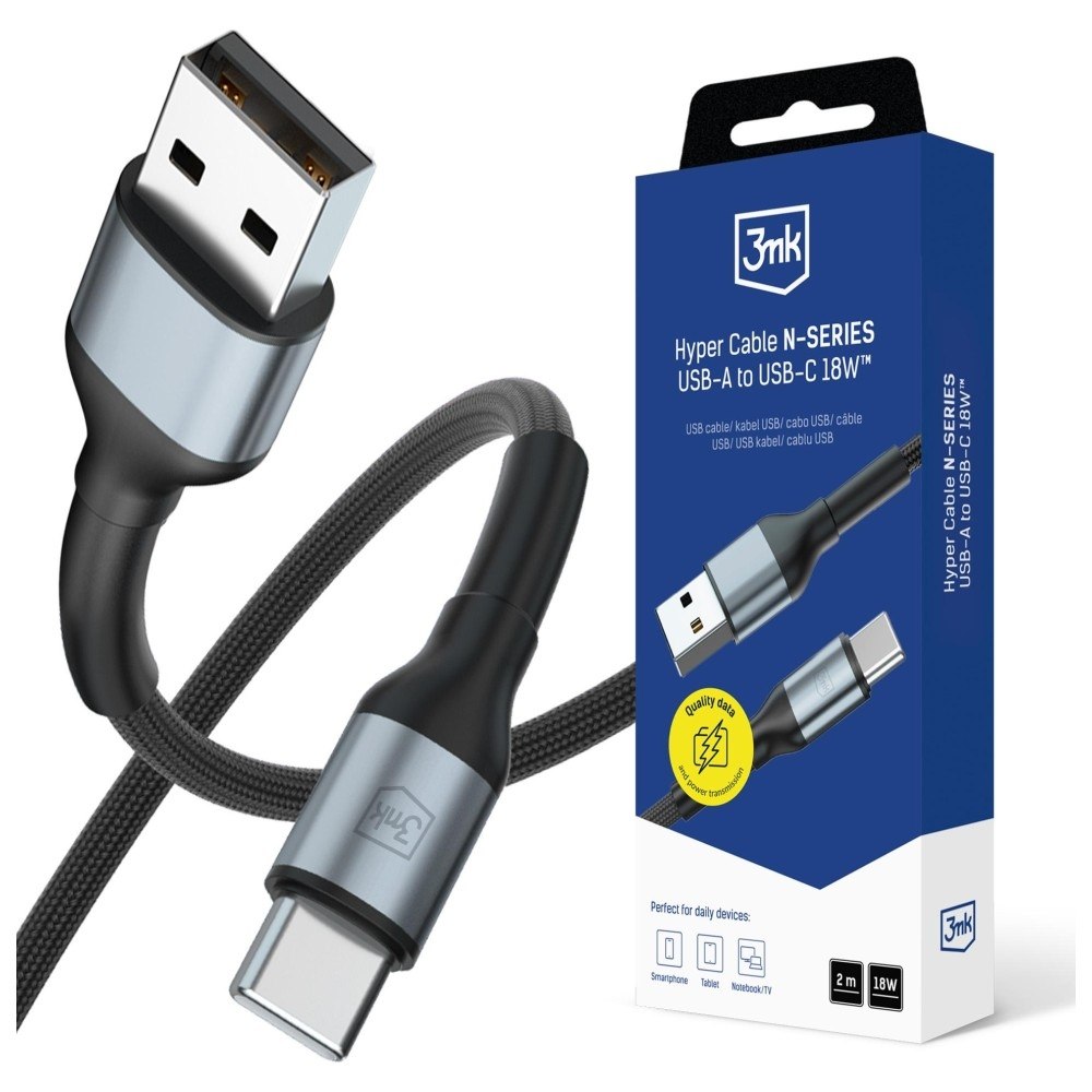 Kabel 3MK Hyper Cable N-series Usb-a do Usb-c 2m 9V/2A 18W czarny