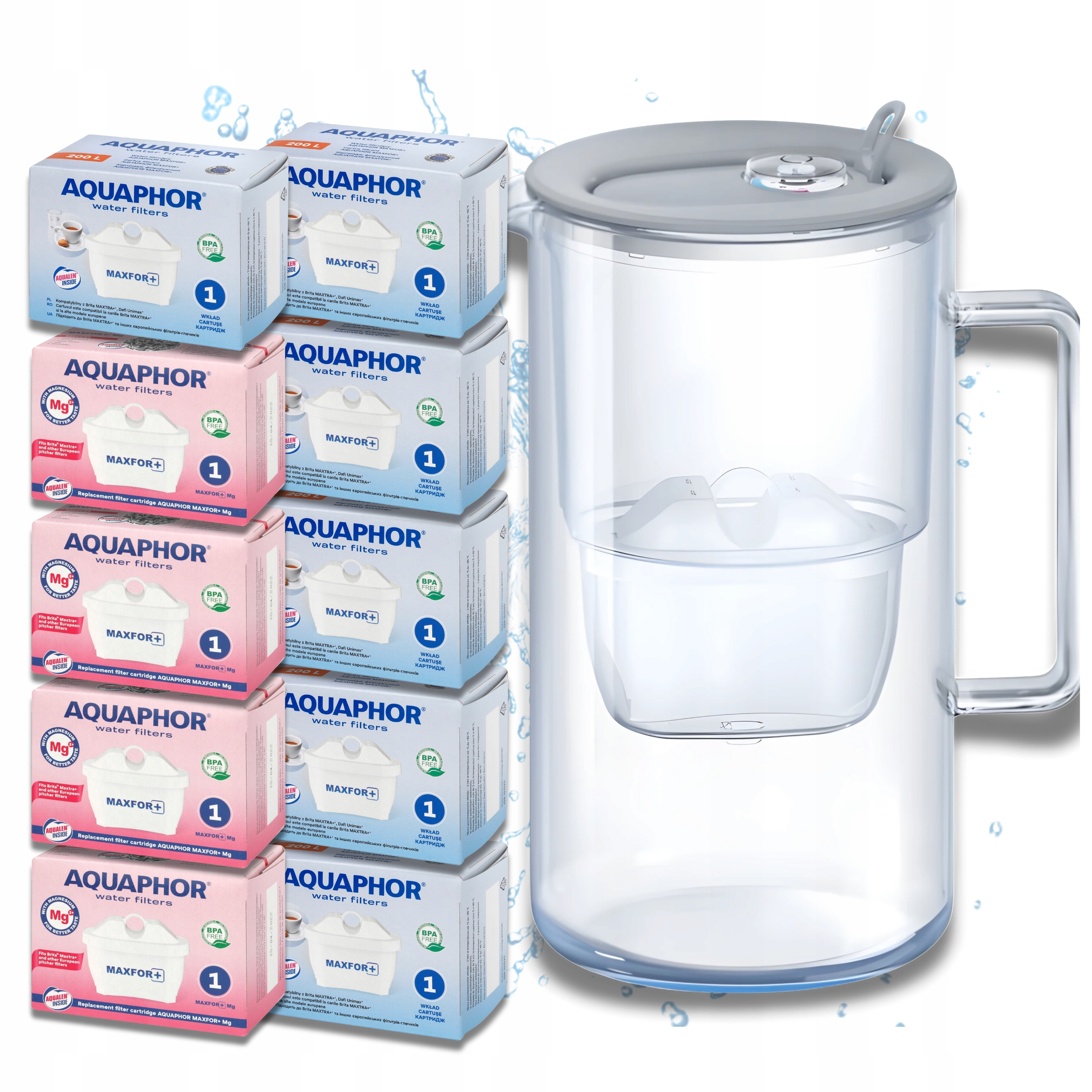 Filtrační konvice 10 filtračních vložek Maxfor Aquaphor Skleněné a šedé sklo