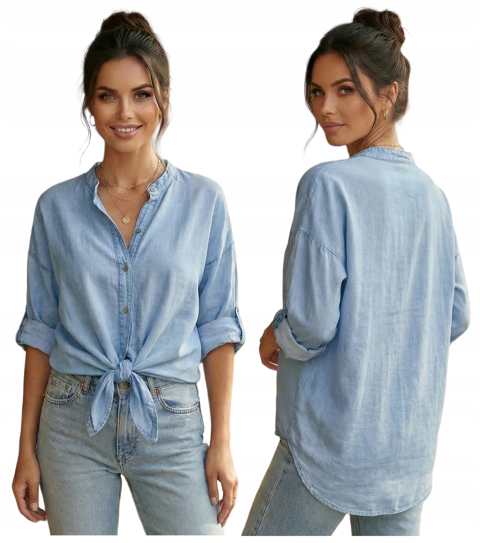 Bluzka Damska Błękitna Bawełna Przewiewna Koszula Boho Wiązana Mujea