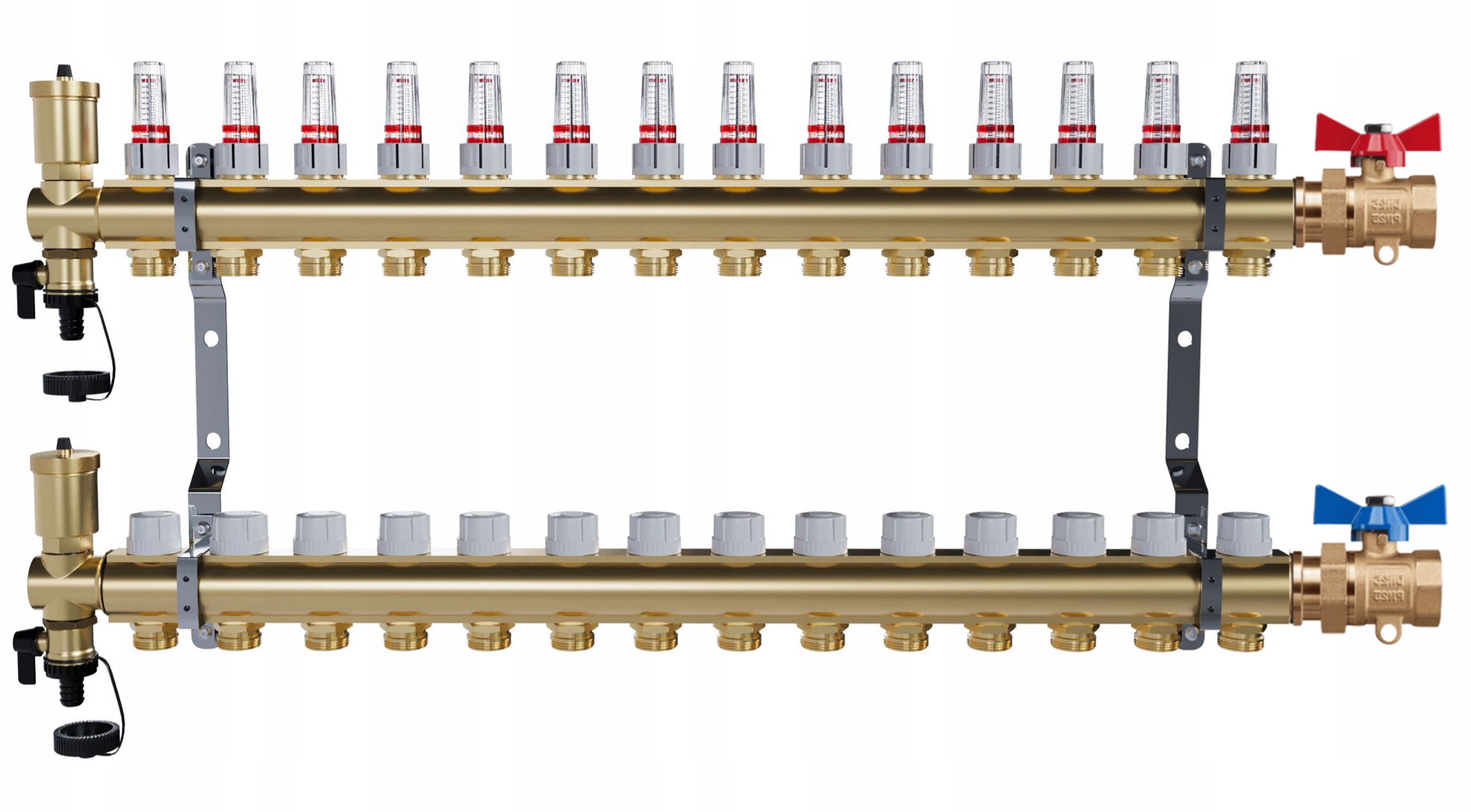 Rozdeľovač pre podlahové vykurovanie – 14 okruhov jednoduché guľové ventily