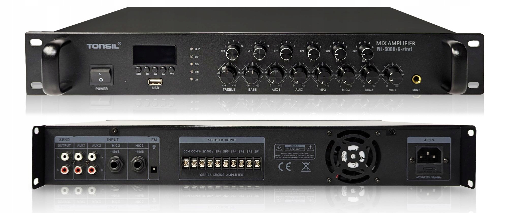 Zesilovač Tonsil WL-500W Instalační 100V Bluetooth Fm Usb MIC 6 Zón