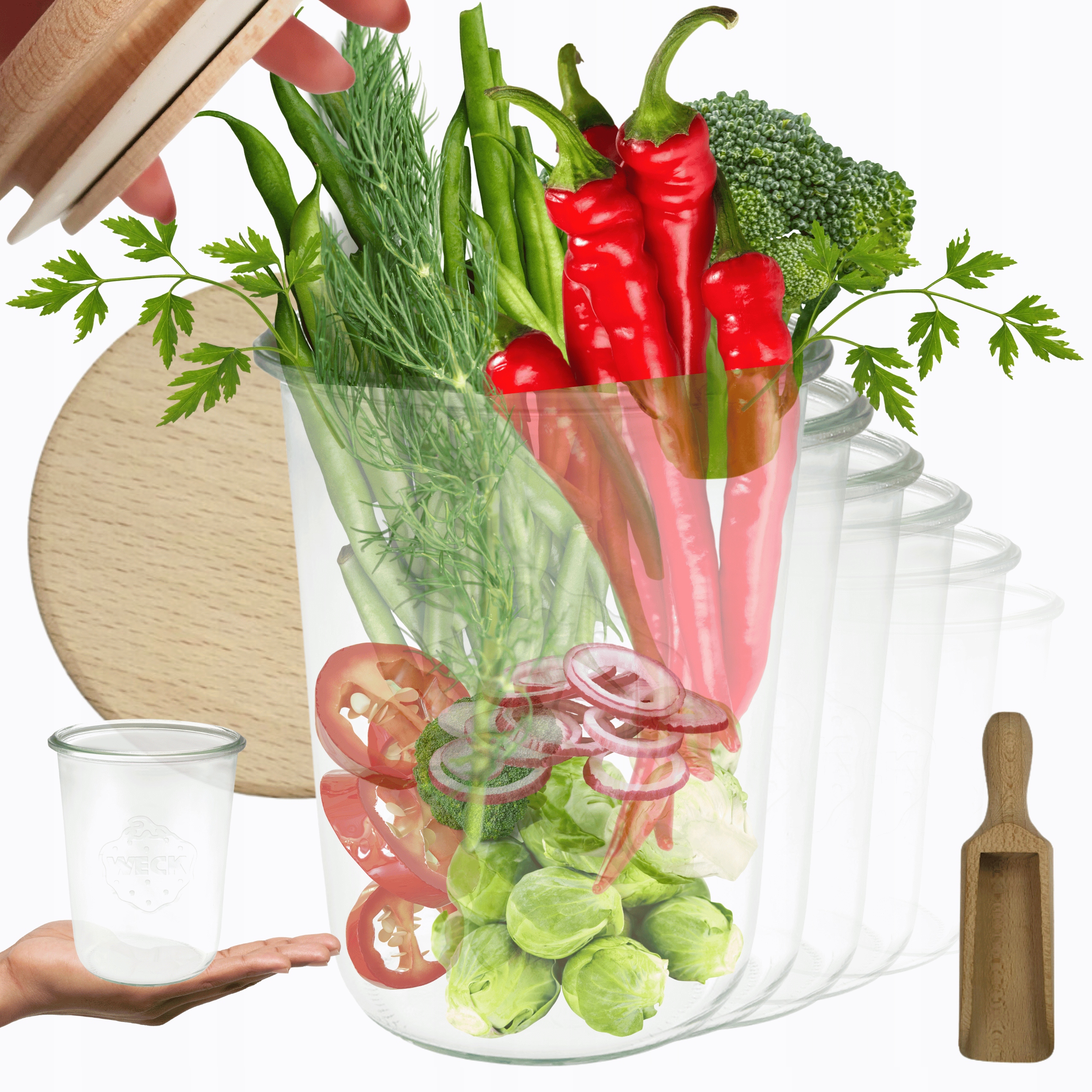 Poháre Weck 850 ml na cukor, soľ, múku, Mold, drevené, veko, 12 ks, odmerka