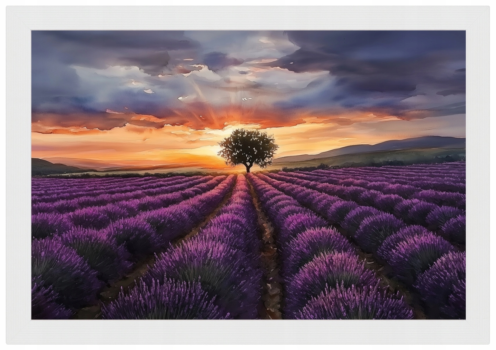Rámeček S Dřevěným Plakát , Levandulové Pole, Západ Slunce, Provence 60x40