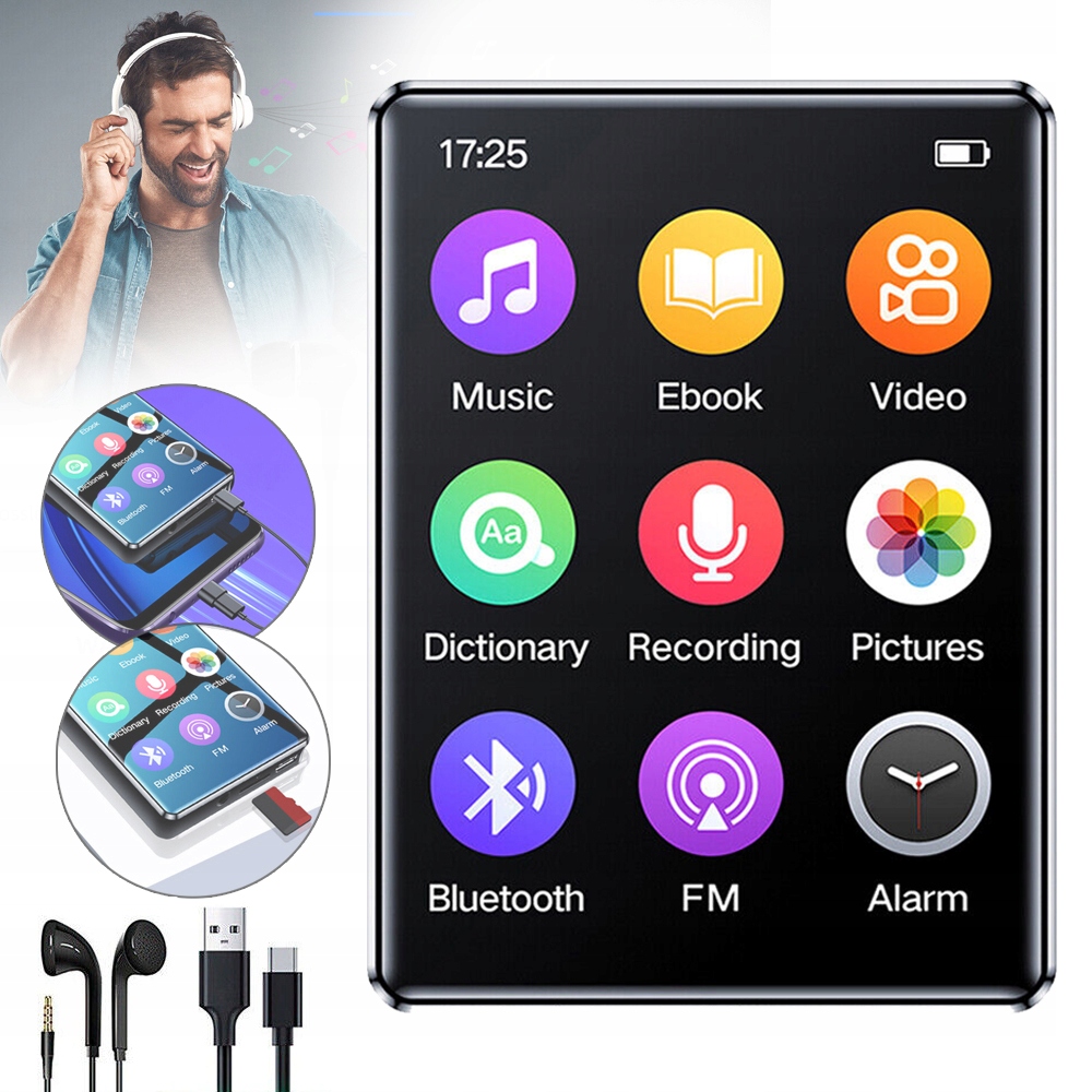 ODTWARZACZ MP3 MP4 BLUETOOTH Z SŁUCHAWKAMI ODTWARZACZ MUZYKI HIFI, RADIO FM