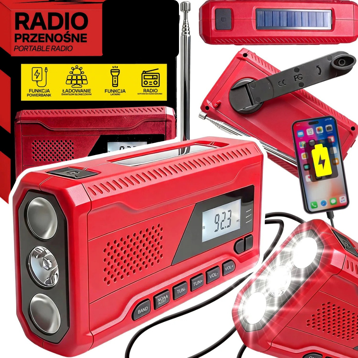 Nouzové Rádio Na Solární Kliku 3V1 Led Svítilna Powerbanka Omáčka LCD Usb-c