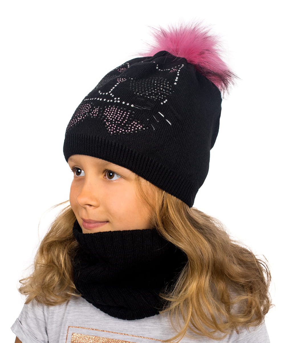 

Czarny Komplet Czapka Komin Dziewczęcy Kotek Polar