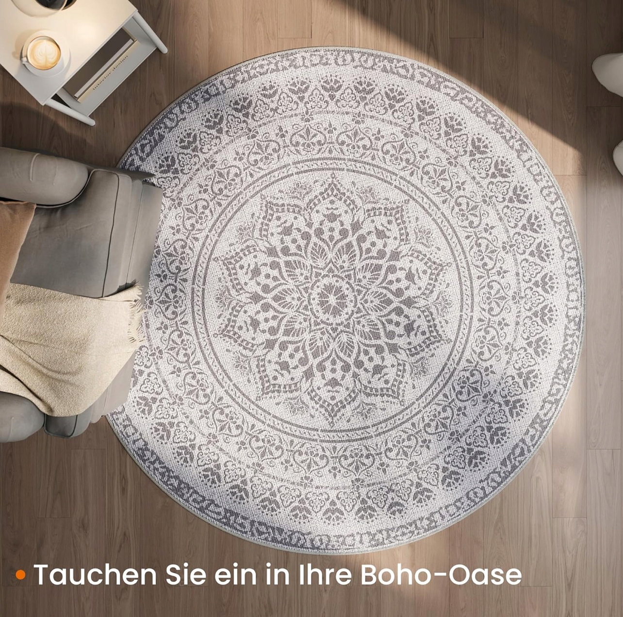 Kulatý koberec 160 cm Ø do obývacího pokoje, protiskluzová spodní strana, krátké štětiny šedé barvy