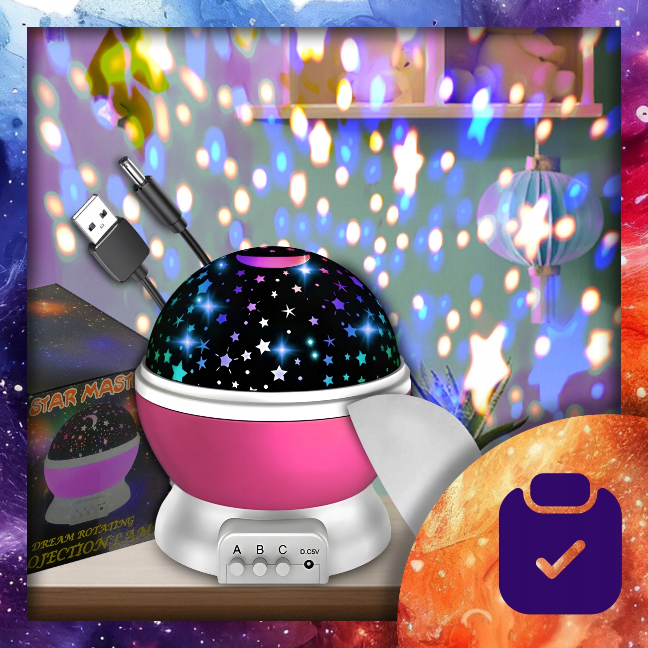 PROJEKTOR GWIAZD NIEBA OBROTOWA LAMPKA NOCNA 2W1 RZUTNIK PREZENT DLA DZIECI Informacje o bezpieczeństwie CE