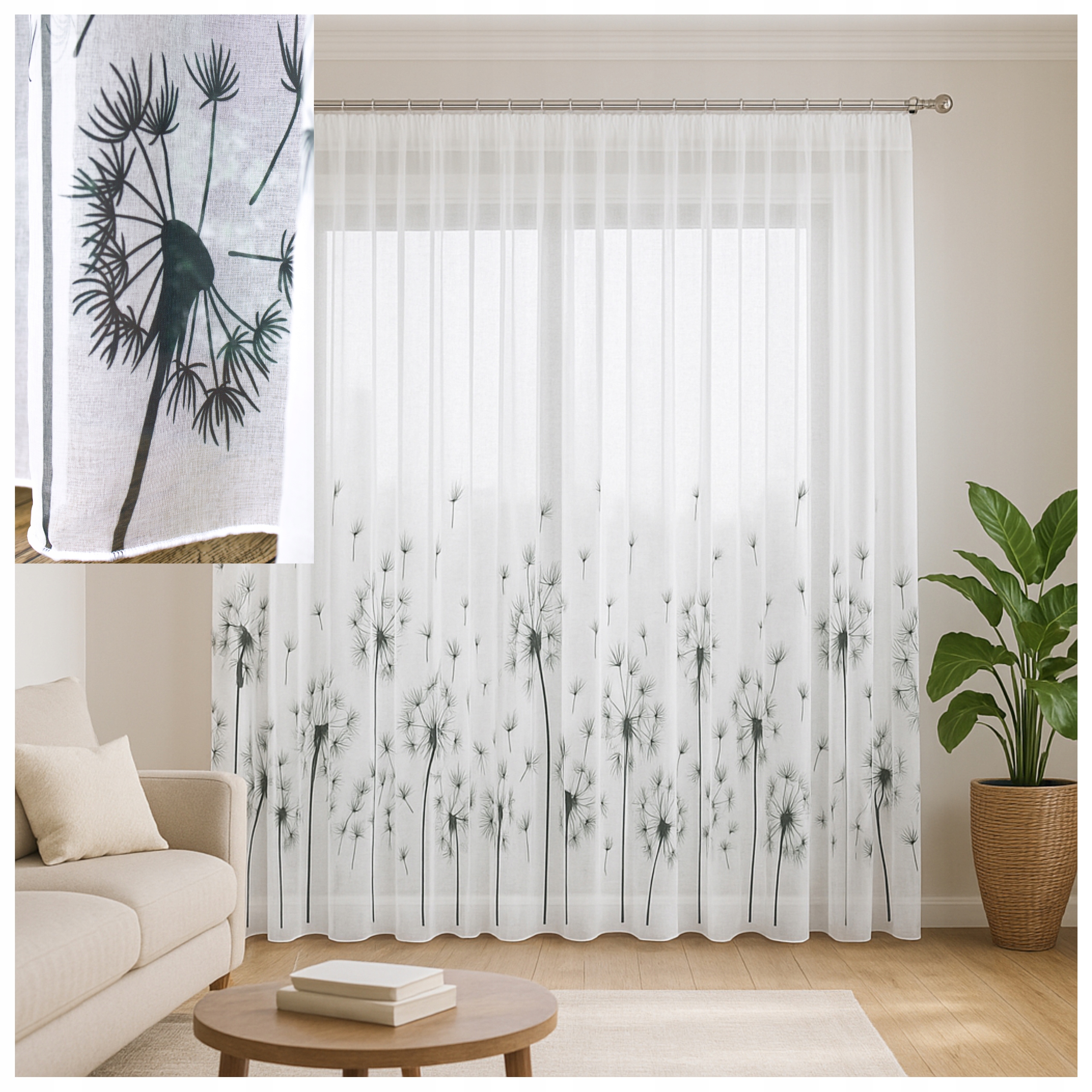 Záclona Helena Etamin s olověnkou 550 x 220 cm, černé pampelišky na pásku