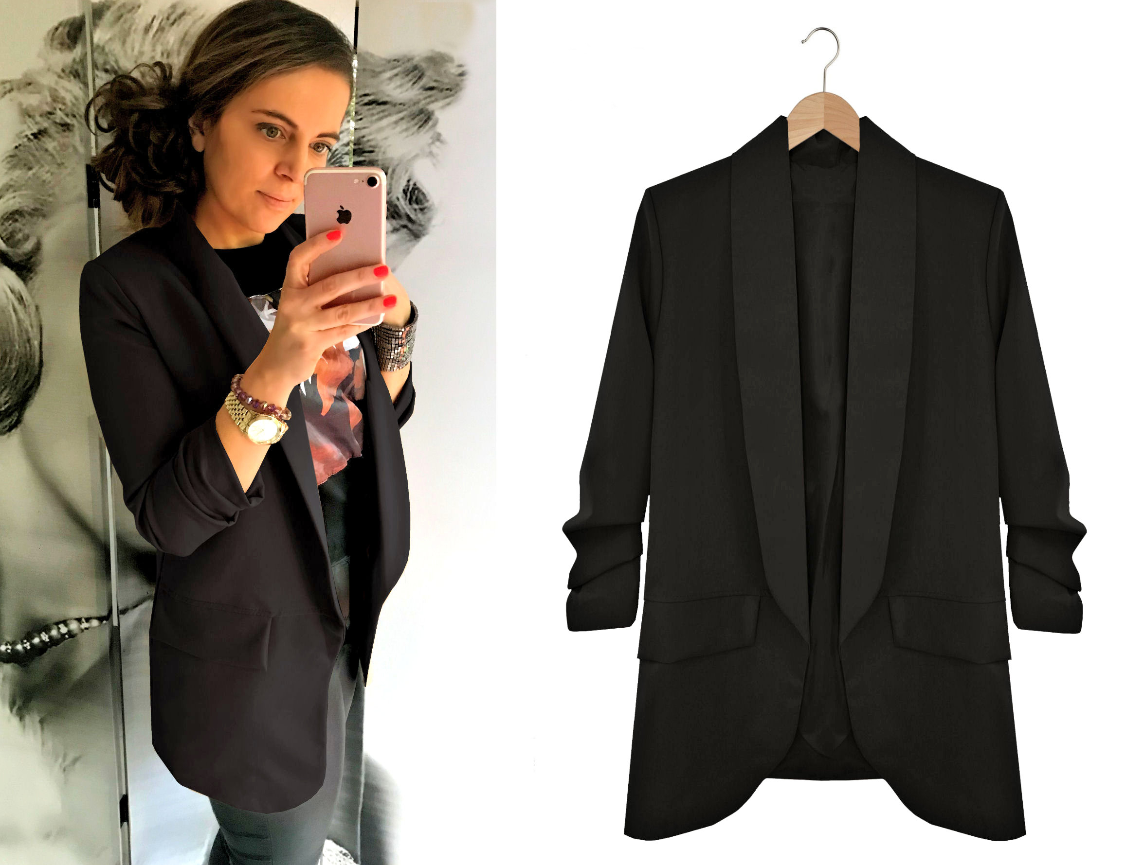 Marynarka Damska Włoska dłuższa Model Wyszczuplający podszew Czarna 4XL/5XL