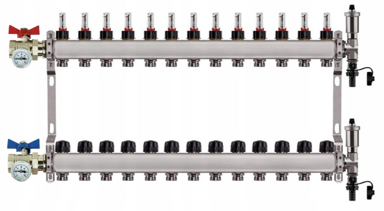 Rozdělovač Pro Podlahovku 13 Nerezových Okruhů Jednoduchý Ventil Teploměr