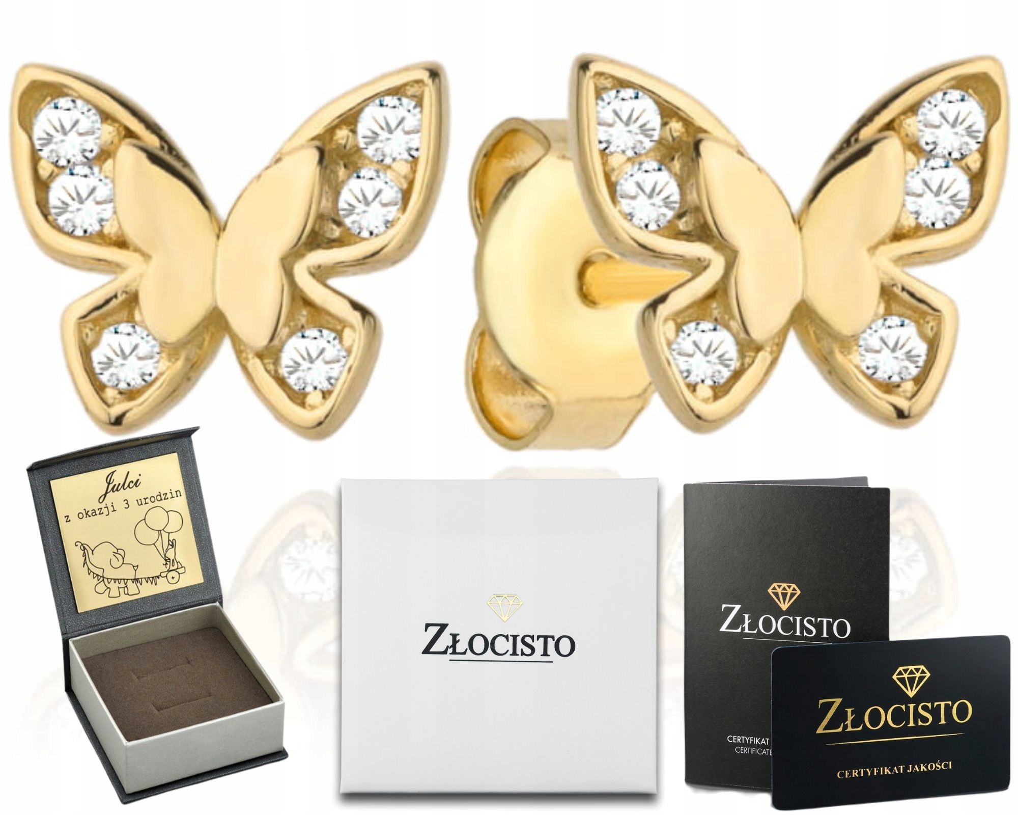 Zlaté Náušnice Motýlci Se Zirkony 585 Šrouby Pro Dítě