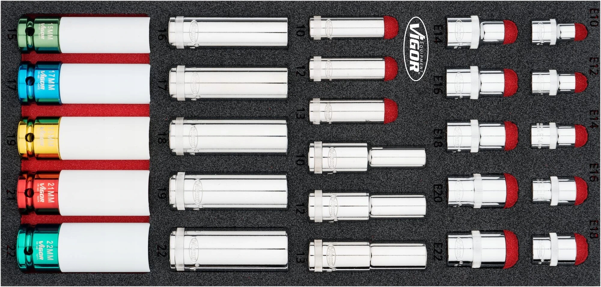 Vigor V7323 Súprava nástrčných hlavíc 26 dielov, 10-22 mm, E10-E22