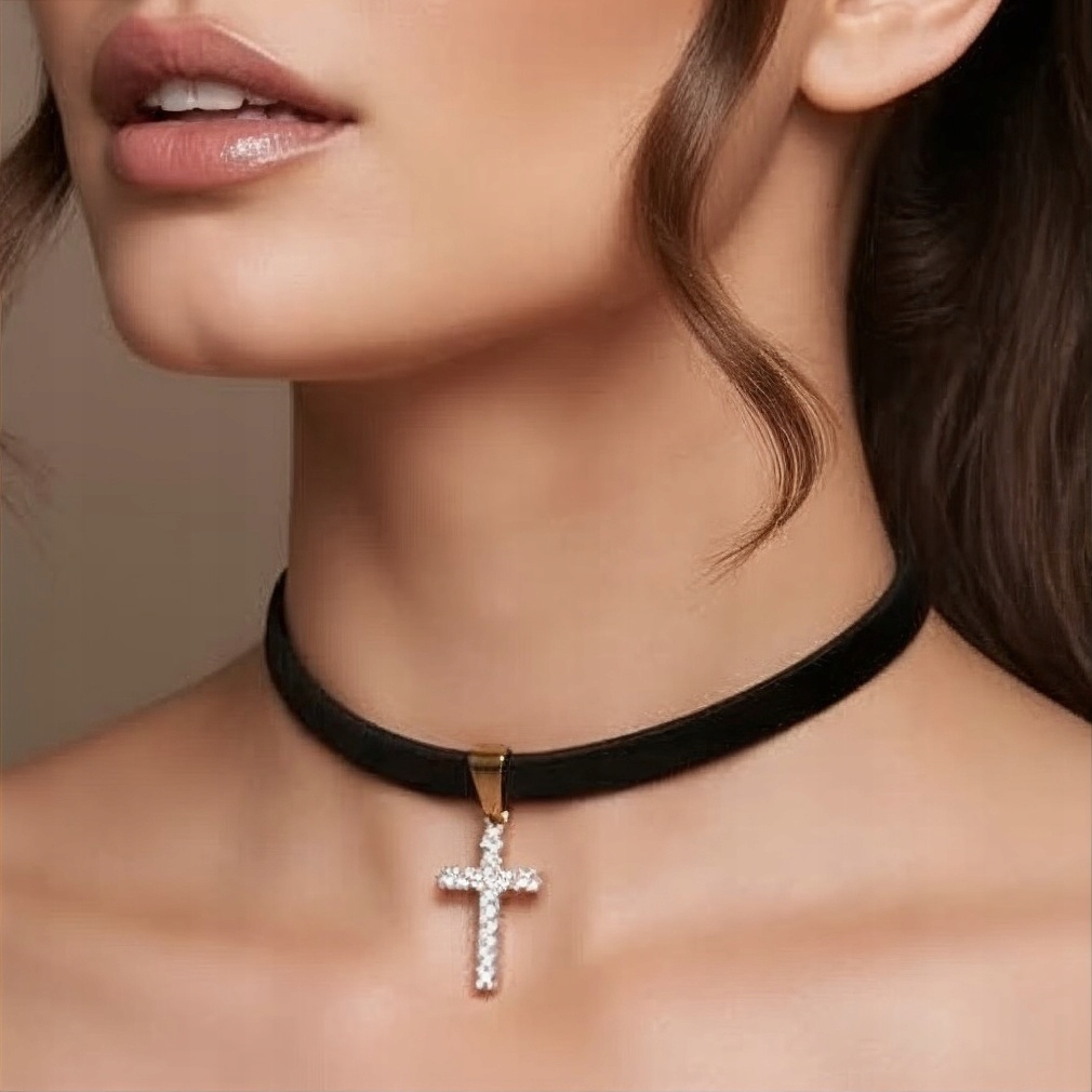 Choker na krk kožený gotický se zirkony černý kříž ocel