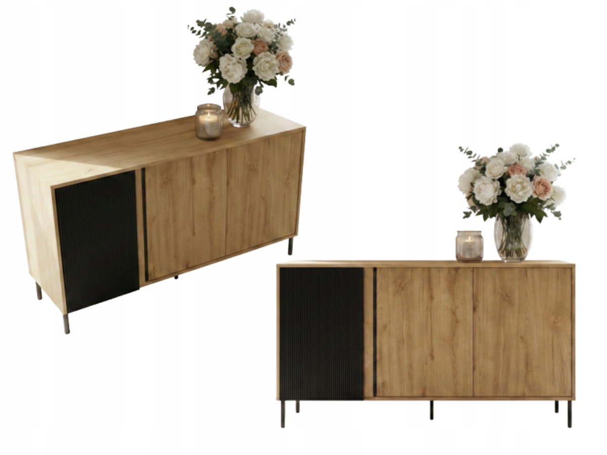 Komoda s lamelami Lars JM02 145x80 cm Vysoké nohy Černá Dub věčný