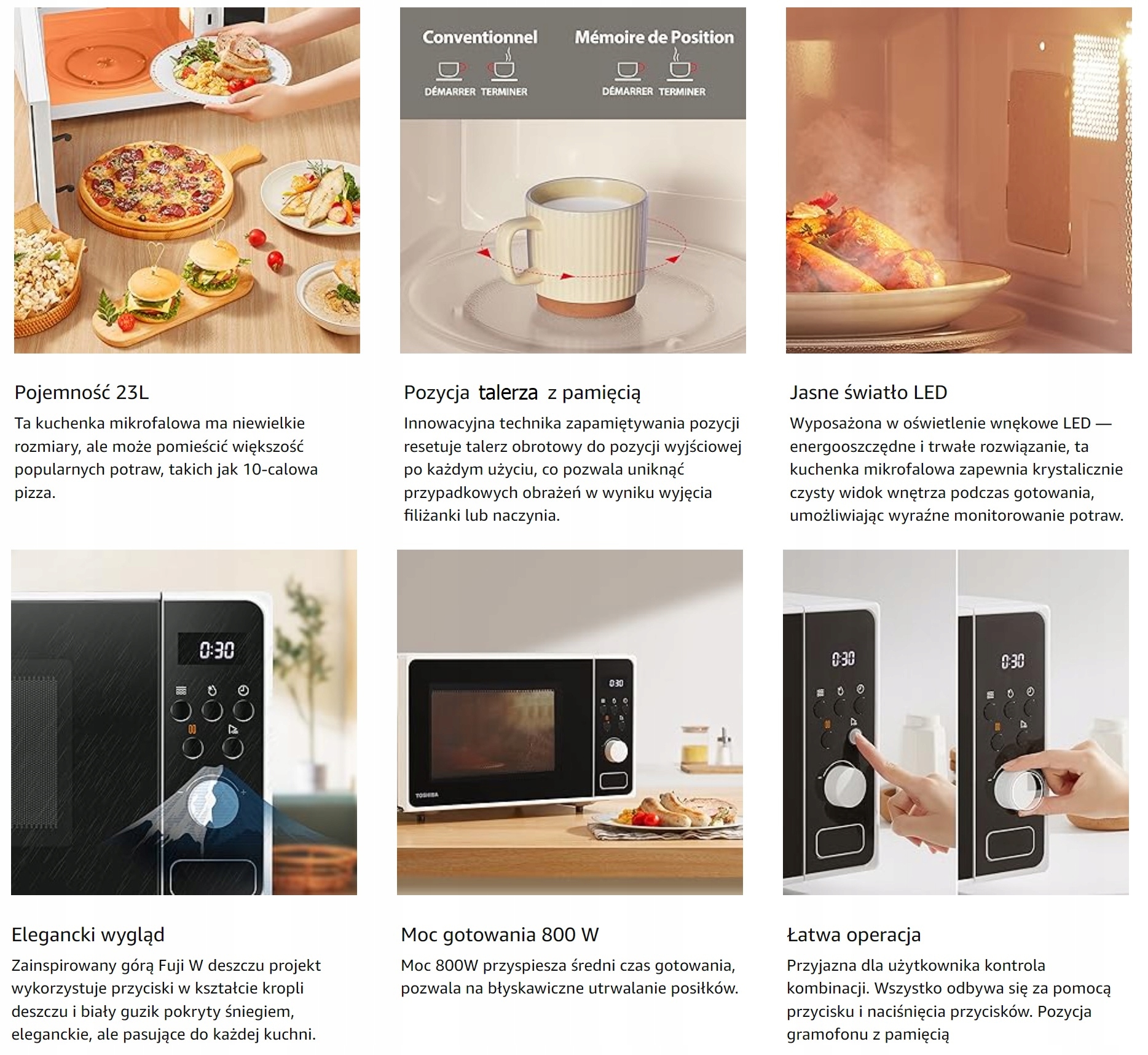 Kuchenka mikrofalowa Toshiba MM2-AM23PF(WH) 8 PROGRAMÓW 800 Watt 23L Funkcje gotowania rozmrażanie