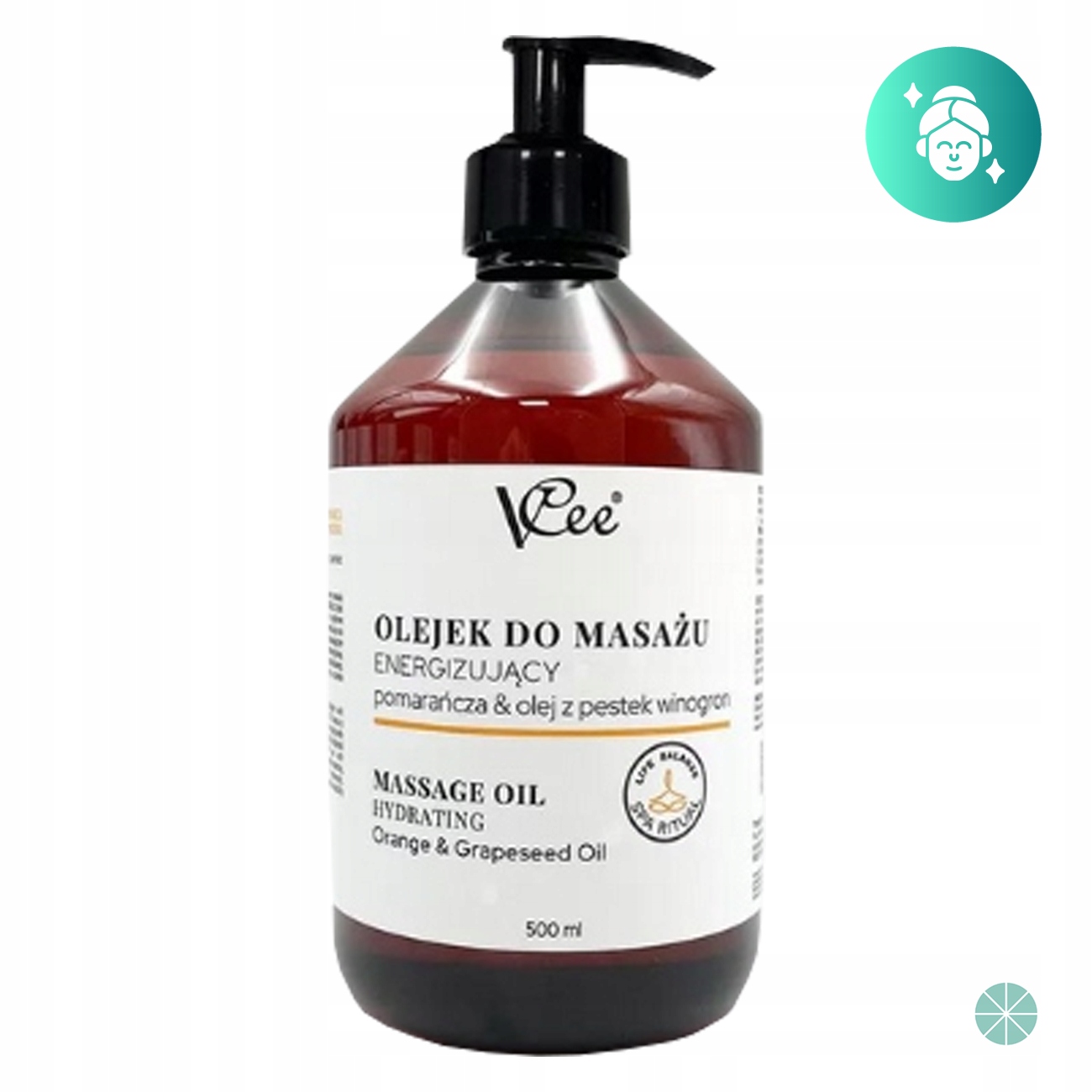 OLEJEK DO MASAŻU ENERGIZUJĄCY 500ML VCEE PROFESJONALNY EKOLOGICZNY Zapach Pomarańcza