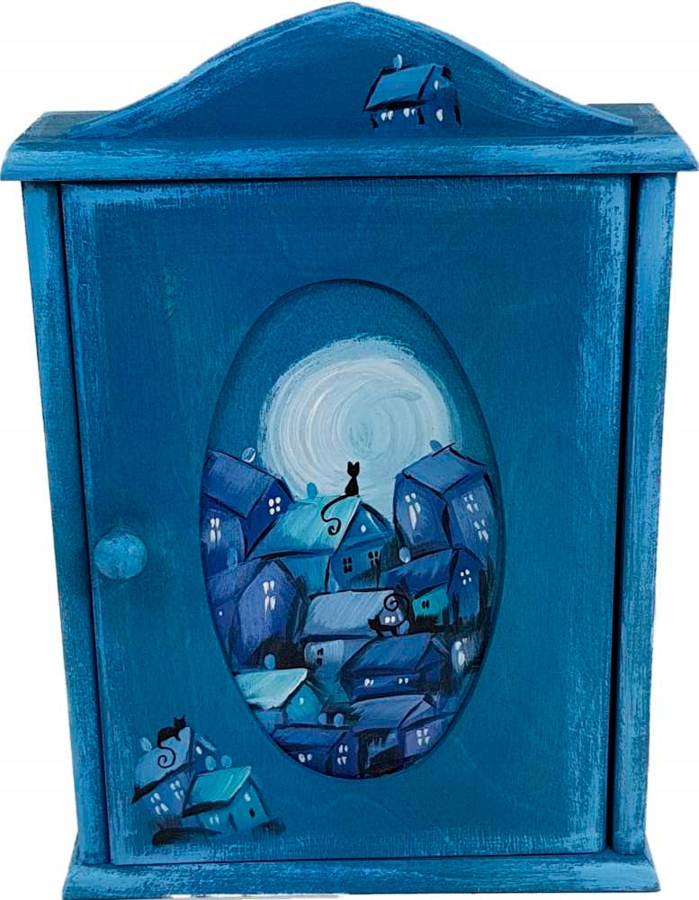 Skříňka na klíče ručně malovaná domečky a kočičky