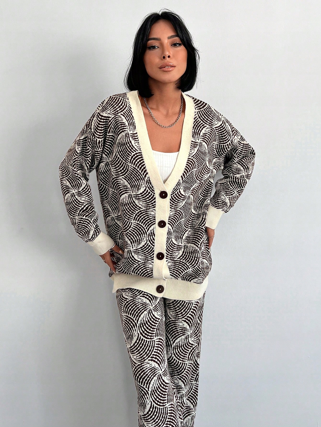 Dámský Pletený Komplet S Volným Vzorovaným Vzorem Na Podzim, Casual Shein, Velikost 40