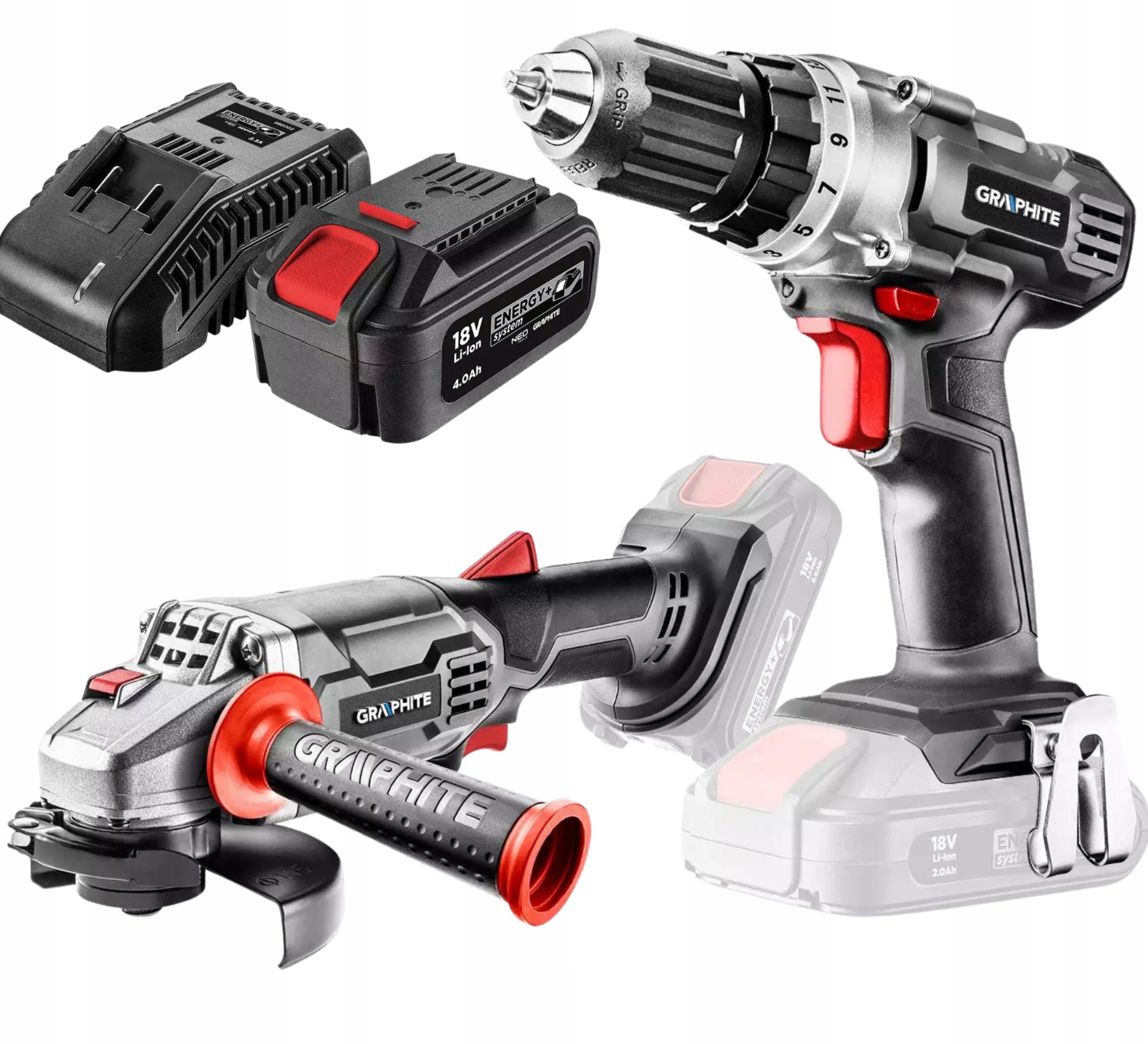 Graphite Wiertarko Wkrętarka Szlifierka Kątowa Akumulator 4Ah Ładowarka