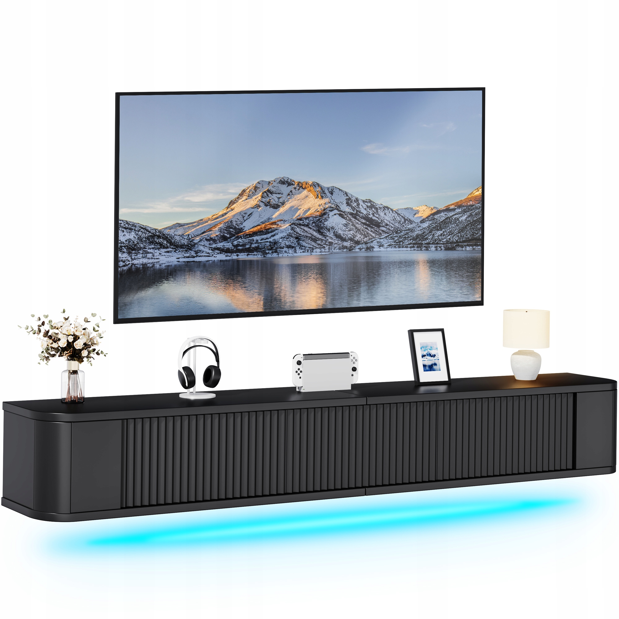 Szafka RTV Wisząca 180 cm, Podświetlenie LED RGB, Czarny Wysoki Połysk