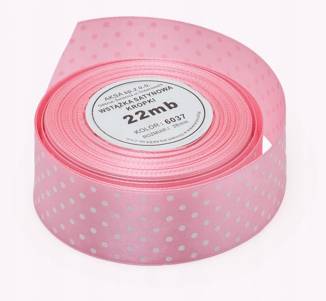 Wstążka Satynowa Tasiemka Różowa w Kropki 12mm 22m
