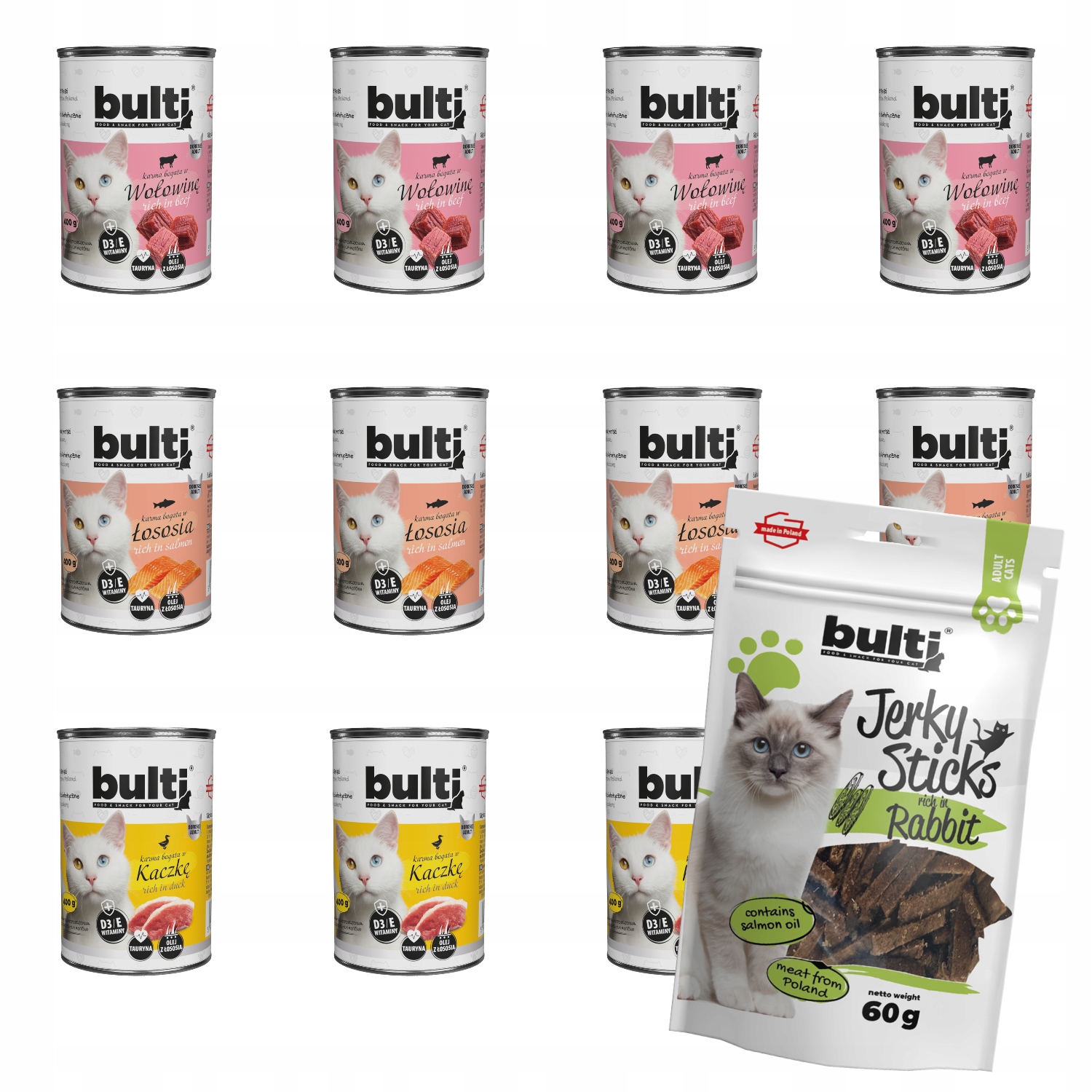 Levně Vlhké Krmivo Bulti MIX 400g 4x Hovězí 4x Kachna 4x Losos Jerky Králík