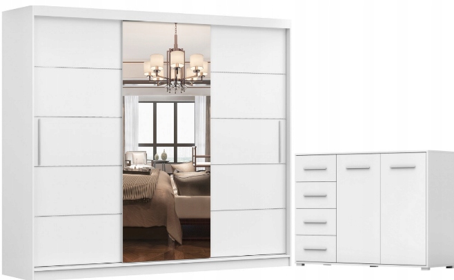 Zestaw szafa przesuwna ALBA 250 lustro komoda FRIDA szuflady kolory półki Kolor frontów biały