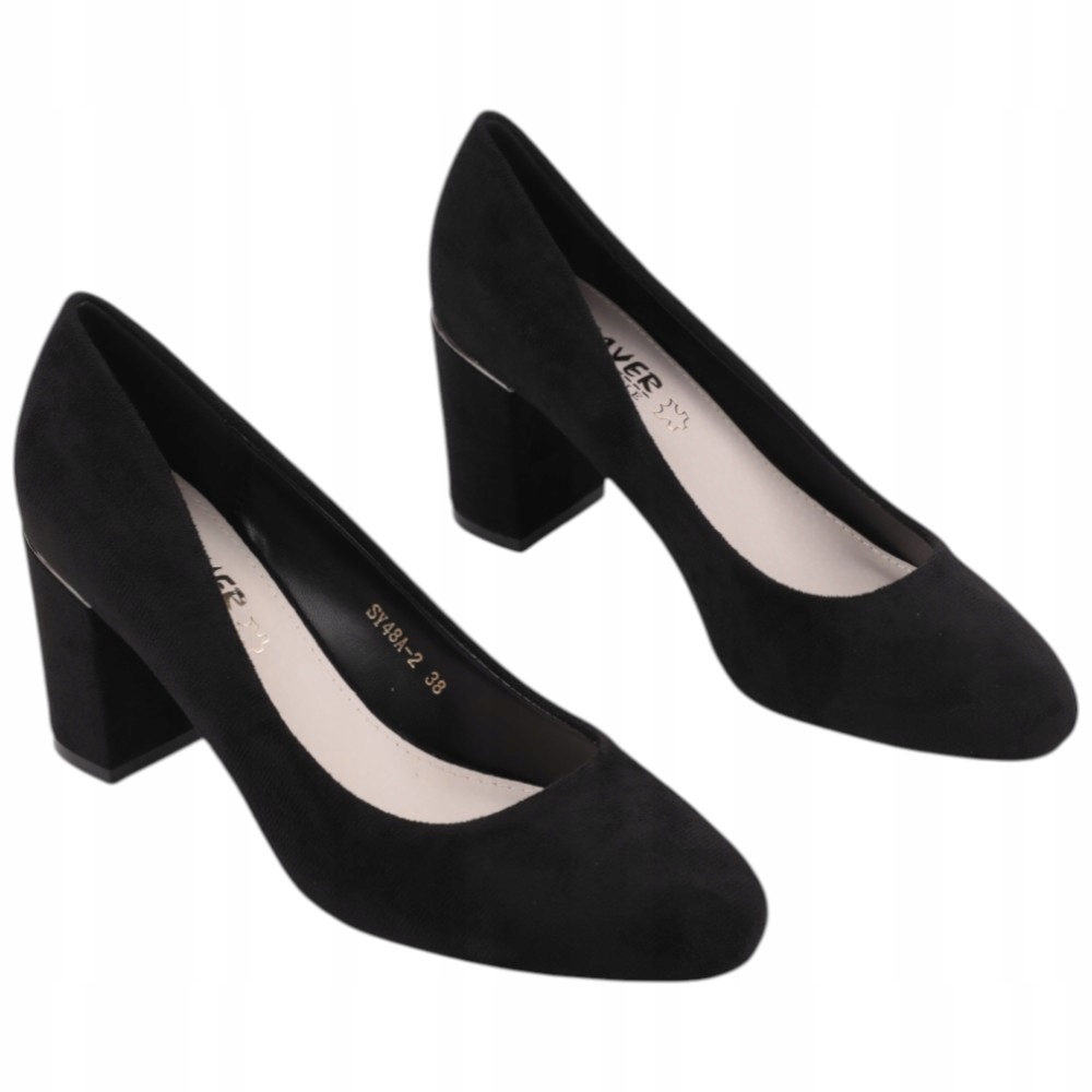 Czarne Czółenka Damskie Na Słupku Buty Wkł. Ekoskóra