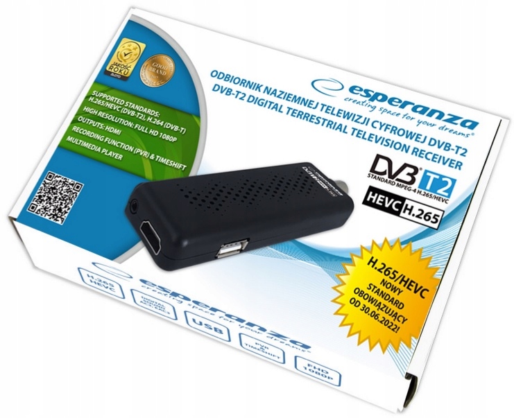 MINI DEKODER TUNER TV DVB-T2 HEVC H.265 FULL HD PILOT KABEL HDMI ZESTAW Model EV109