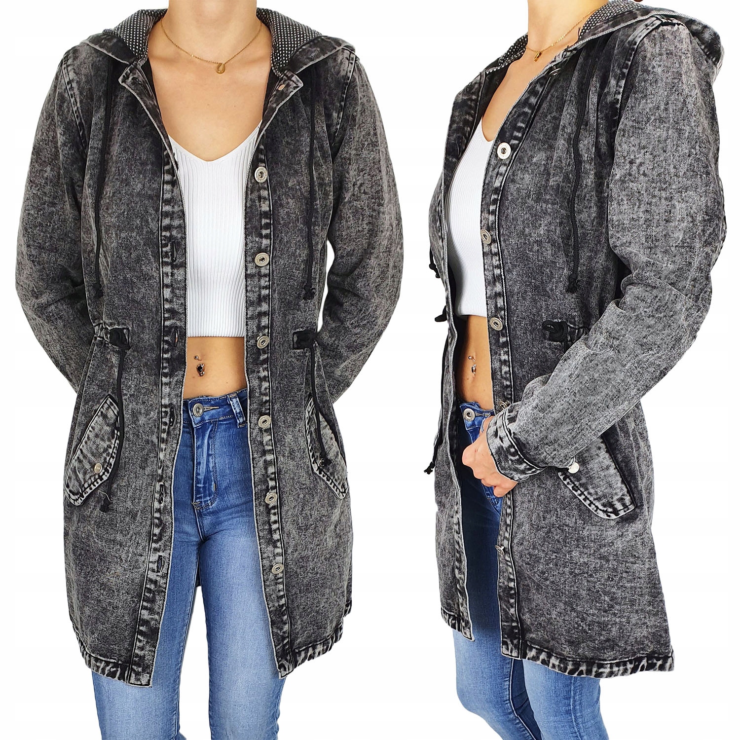 #katana Dámská Džínová Bunda Dlouhá Parka Kapuce#