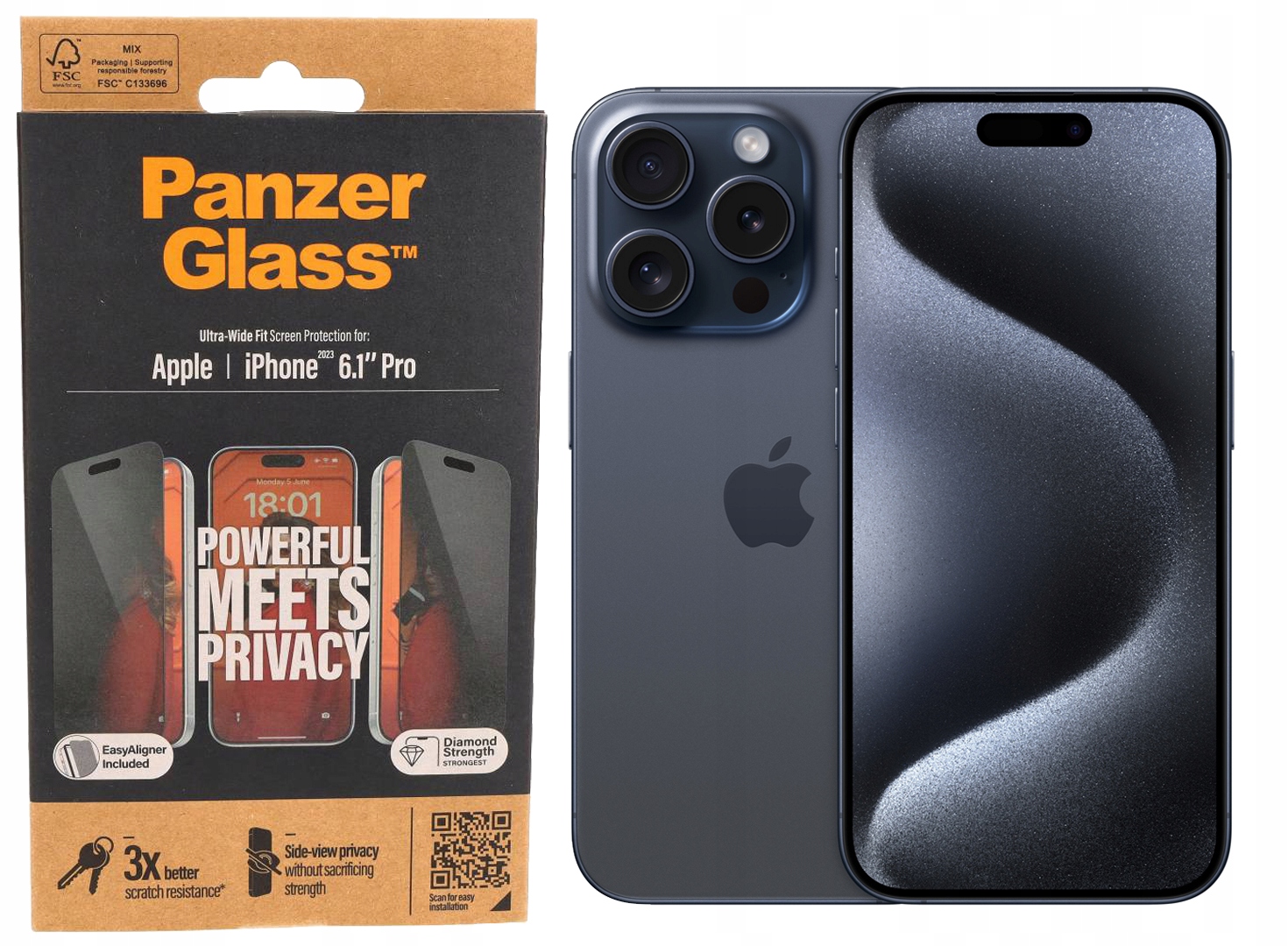 Sklo Ultra-Wide Fit Privacy PanzerGlass pro iPhone 15 Pro, tónované