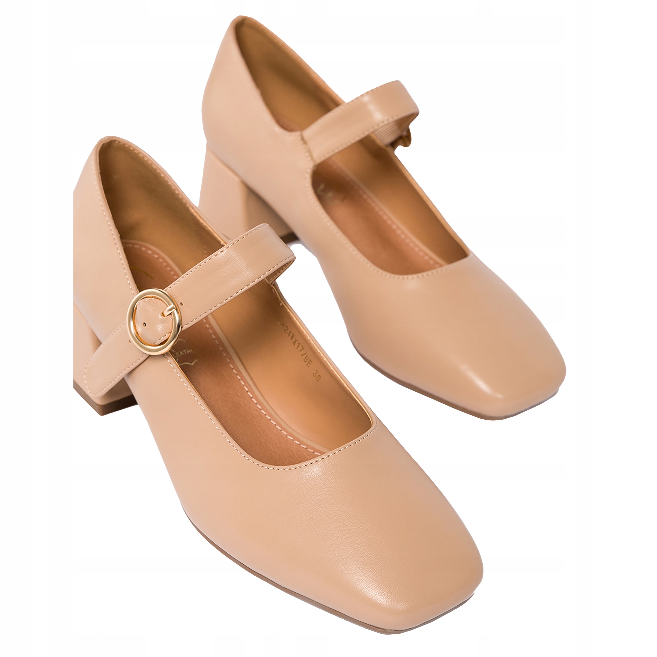 Czółenka Z Paskiem Mary Jane Na Niskim Klocku Skórzana Wkładka Beżowe r 37