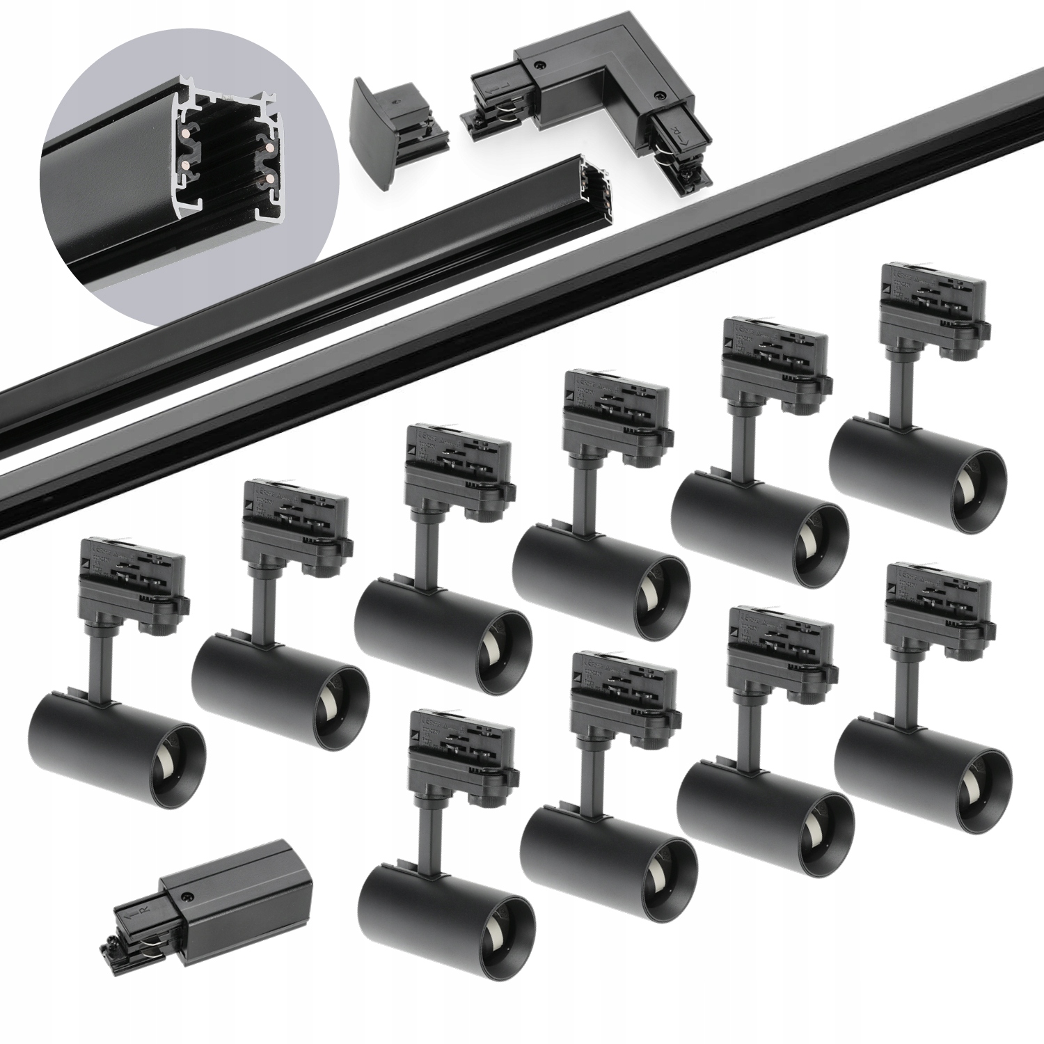 3-fázový koľajnicový set 1m+2m, 10x lampa, spojka L Čierny komplet
