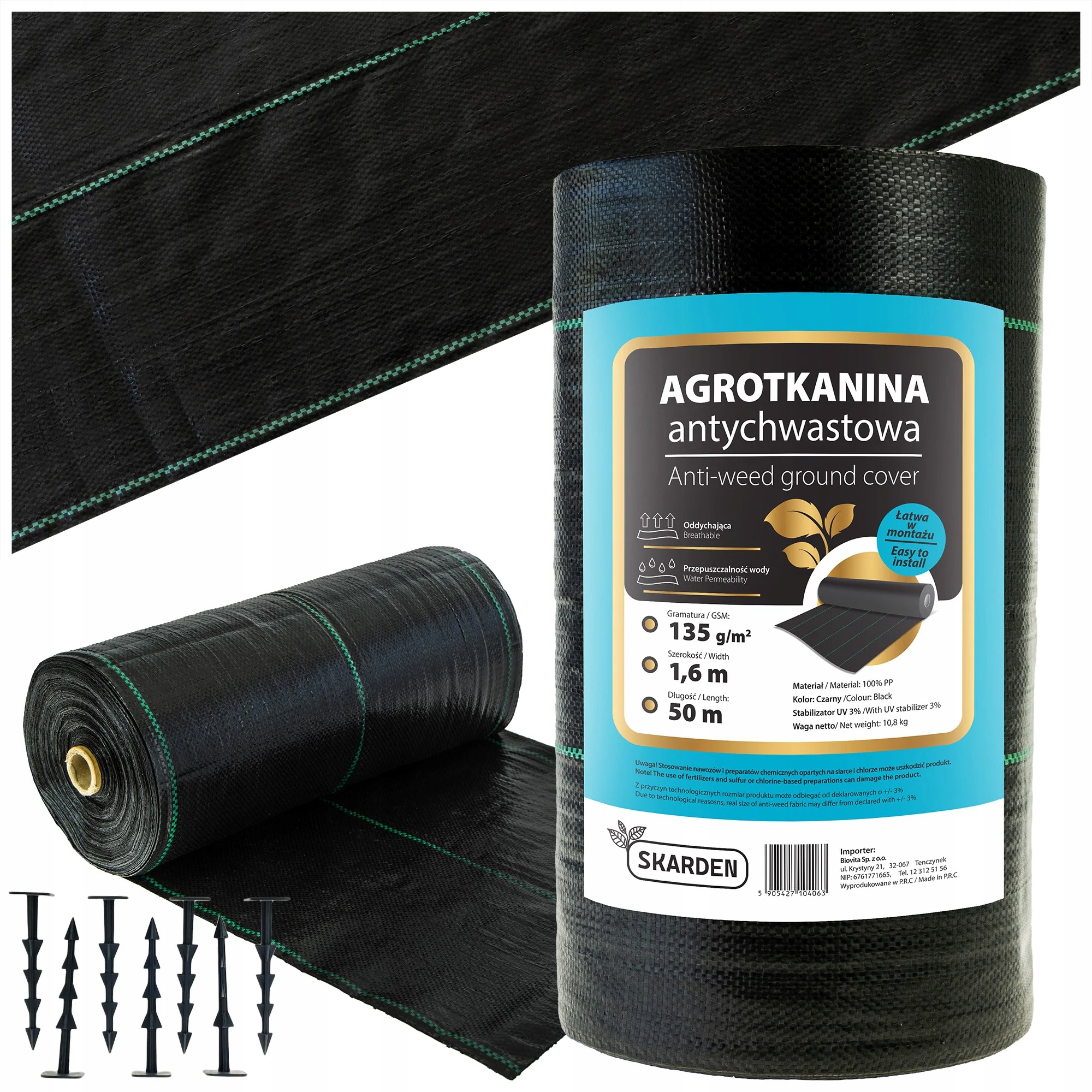 Skarden Premium Agrotkanina Agrowłóknina 1,6x50m czarna 135g/m2 +100 kołków