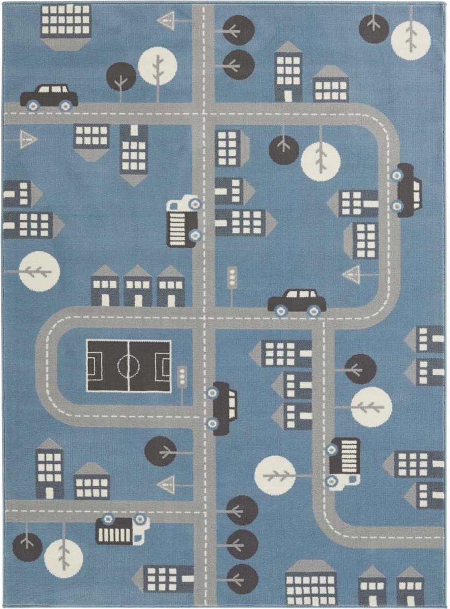 Detský koberec 160 x 220 cm, modré uličky na hranie, mäkké štetiny