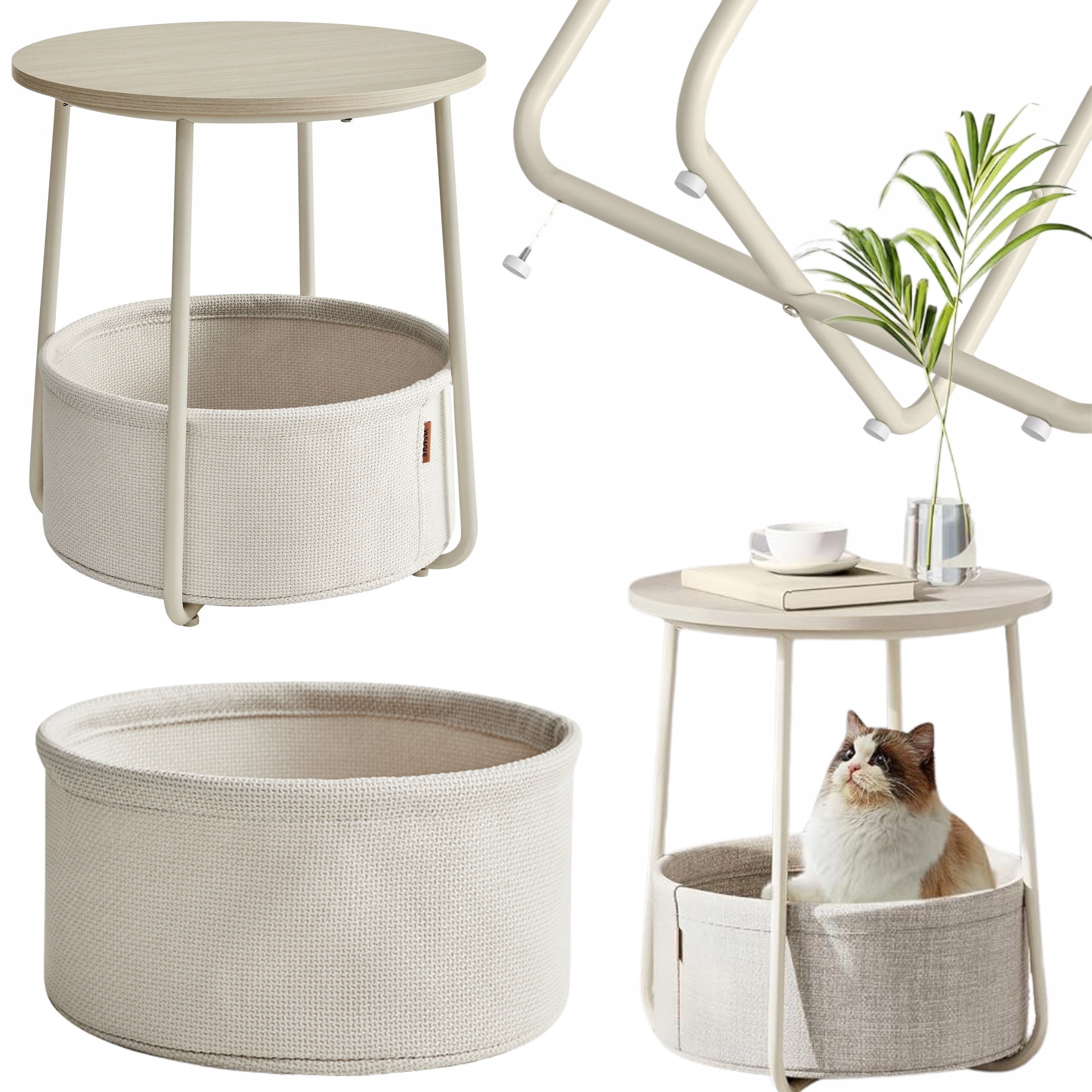 Malý konferenční stolek Loft Kulatý s košíkem Krémový 50 cm Kosmetický na květiny