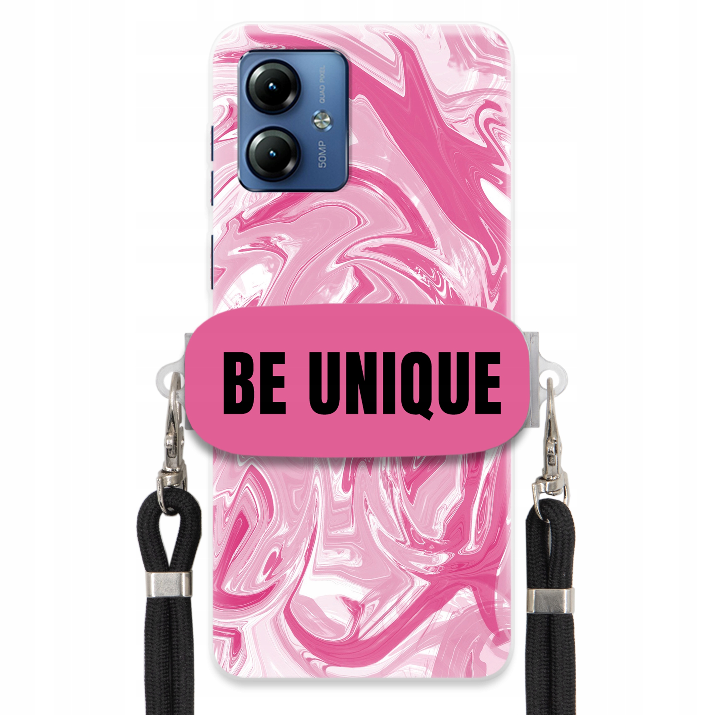 Puzdro pre Motorola G14 držiak na šnúrku Čierna Ružová Mramor Be Unique