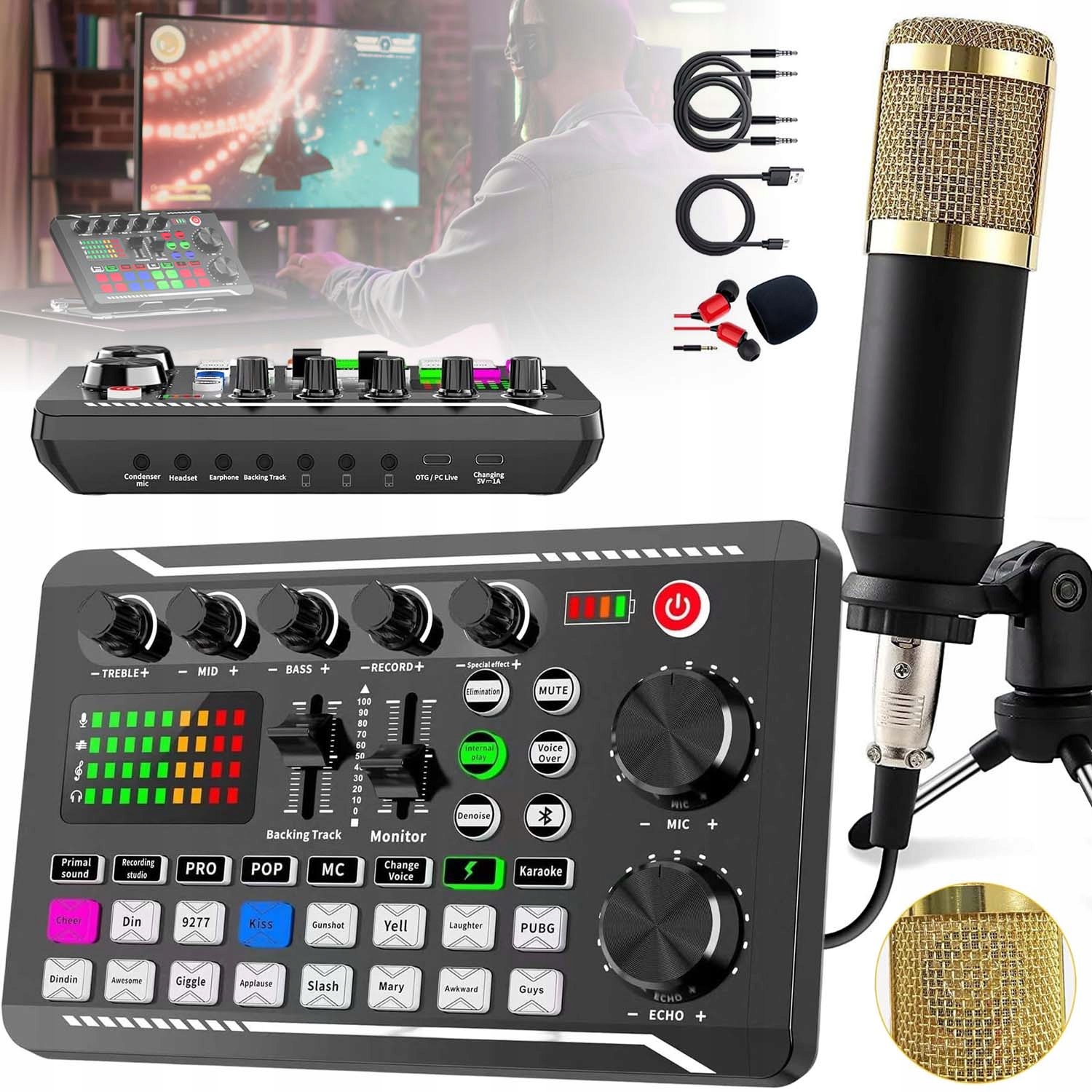 Studiový Mikrofon Kondenzátorová Zvuková Karta Mixážní Pult Profesionální Sada