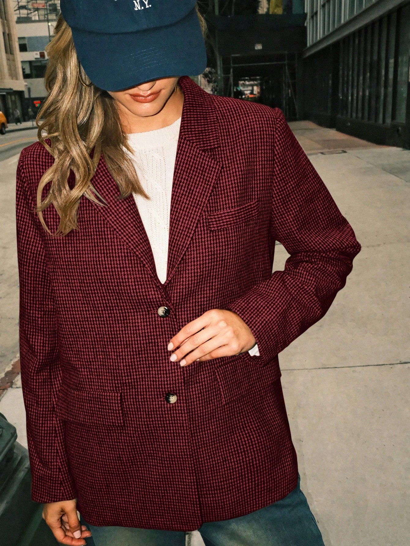 Sako Oversize Pepitka Burgundská Casual Shein M 38