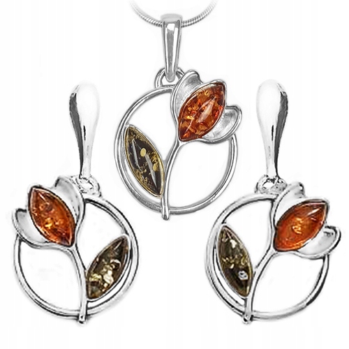 Komplet Šperků ze stříbra 925 Tulipány z přírodního Jantarového Stříbra